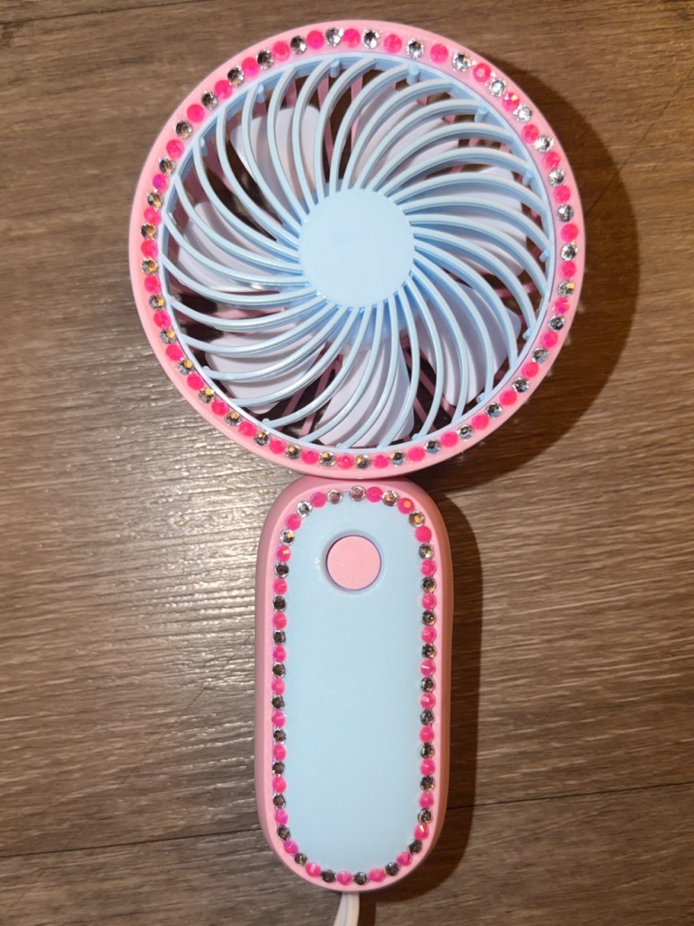 pink & blue handheld fan with pink & silver rhinestones